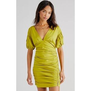 NWOT Free People Tastemaker Mini Button Green V Neck Ruched Puff Sleeve Dress XS